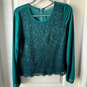 Chloe K Teal Lace Blouse with Long Sleeves